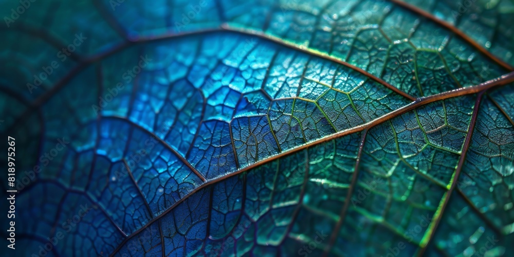 Poster leaf of a tree close-up. blue toned background or wallpaper. mosaic pattern from a net of veins and 