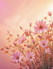 Naklejka premium Field of pink flowers in various stages of bloom, with a soft, pastel color palette and a light pink to peach gradient background with copy space.