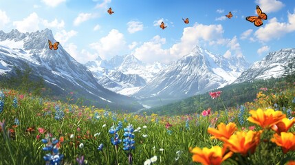 A peaceful alpine meadow, where colorful wildflowers blanket the ground beneath snow-capped peaks, and butterflies dance on the breeze. 32k, full ultra hd, high resolution
