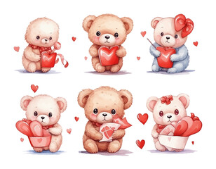 Watercolor cute teddy bear with love elements set, heart balloons, love, tie, love envelope, smile face