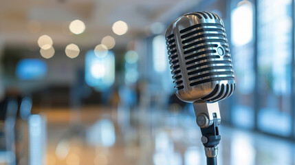 Close-up of a vintage microphone with a softly blurred background in a warm, inviting indoor setting.