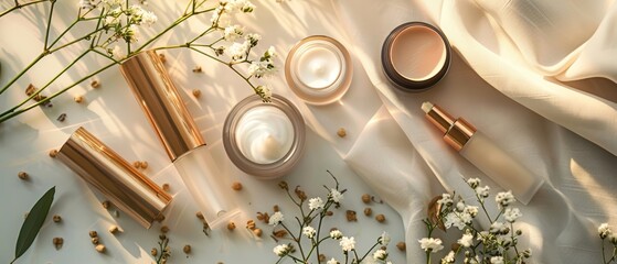 Elegant beauty products on silky fabric background, surrounded by delicate flowers, perfect for luxurious skincare or cosmetic advertising.