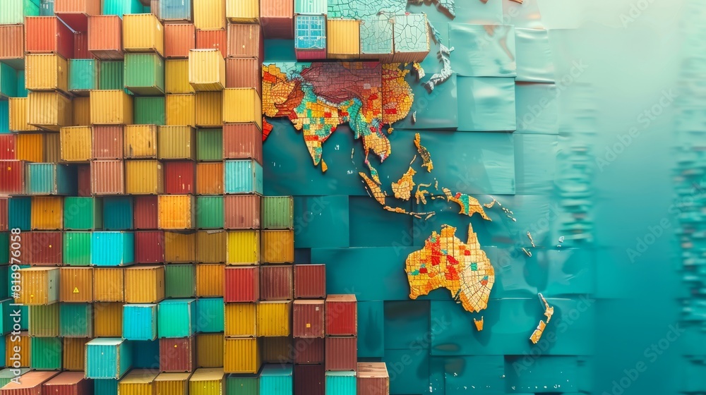 Poster an artistic representation of global trade with multicolored shipping containers arranged beside a w