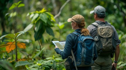 Naklejka premium Two ecologists with backpacks examining and discussing vegetation in a dense tropical forest.