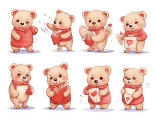 Watercolor cute teddy bear with love elements set, heart balloons, love, tie, love envelope, smile face