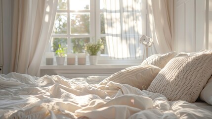 Cozy bedroom with rumpled bed sheets, soft pillows, and sunlight streaming through the window, creating a serene and inviting atmosphere.