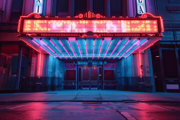 Art Deco theater marquee, side view, Highlights classic cinema, robotic tone, colored pastel, closeup
