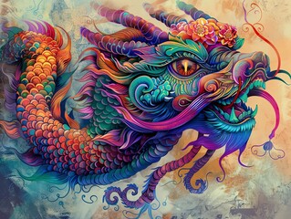 A majestic and vibrant watercolor painting of a dragon with intricate details