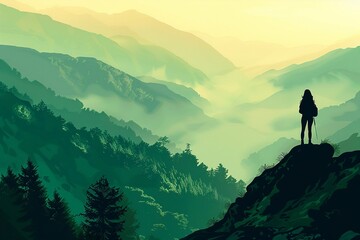 A woman on top mountain gazing at a beautiful valley view shrouded in mist at sunrise, hiking travel, Vector illustration.