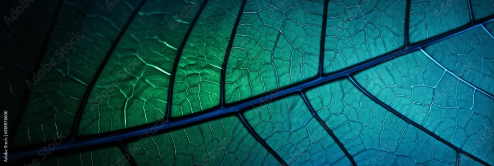 Poster leaf of a tree close-up. blue toned background or wallpaper. mosaic pattern from a net of veins and 