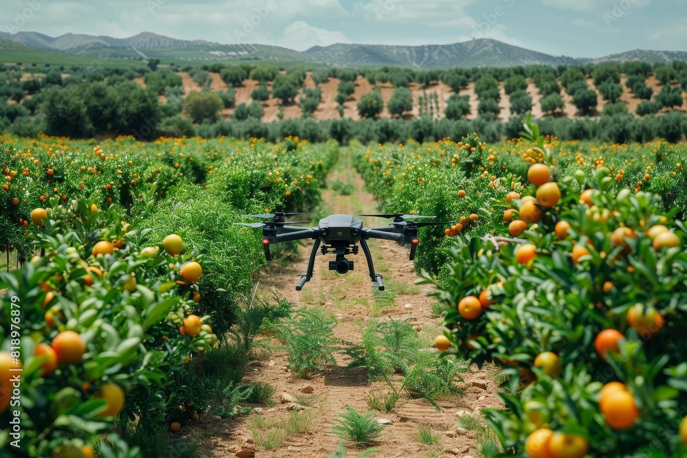 Poster isometric vector illustration of smart farming drone in field with sensors for crop care and agricul