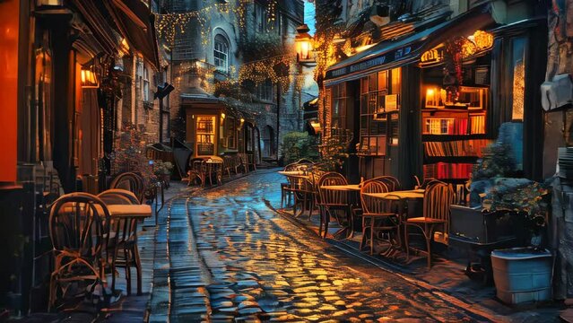 A late night cafe on a cobblestone street