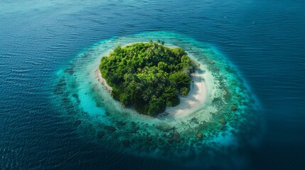 A small island surrounded by water with a blue sky in the background