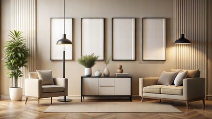 Study wall black border poster mockup with soft Beige and white modern interiors. Avoid lamps in front of frames. 