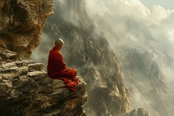 A  monk meditating on the cliff of a mountain, a monk from back sitting on the stone near , AI generated