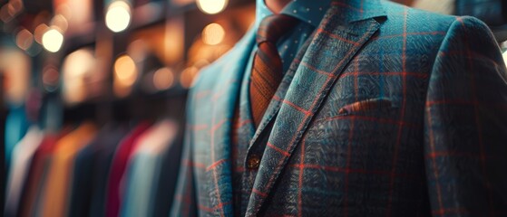Close-up of a stylish tweed suit jacket with a tie, displayed in a sophisticated boutique, highlighting fashion and elegance.