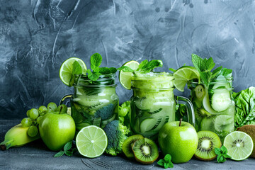 glass mugs with green health smoothie cabbage leaves lime