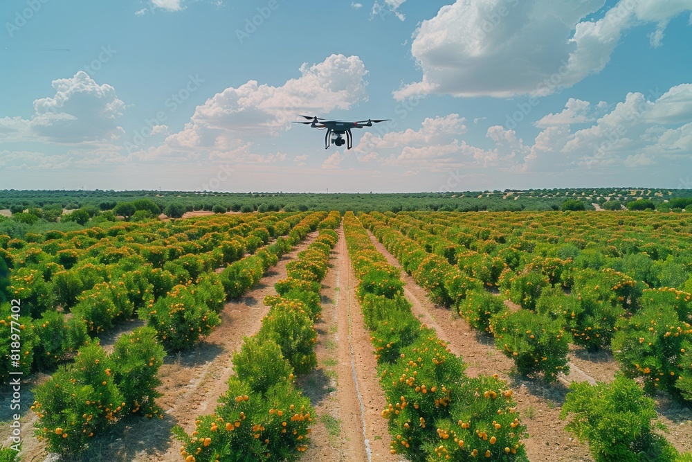 Poster smart farming drone in an isometric vector field using sensors for crop care, agricultural innovatio