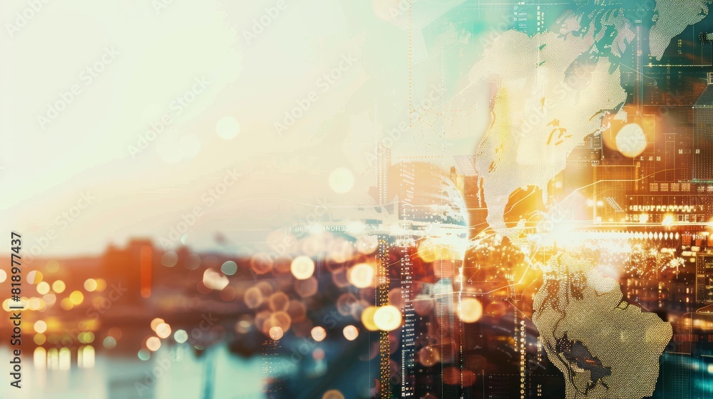 Poster a futuristic cityscape overlaid with a golden network map representing global connectivity and techn
