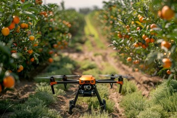 Smart farming drone technology illustrated in an isometric field with sensors for crop care, agricultural innovation, and sustainable automated farming.