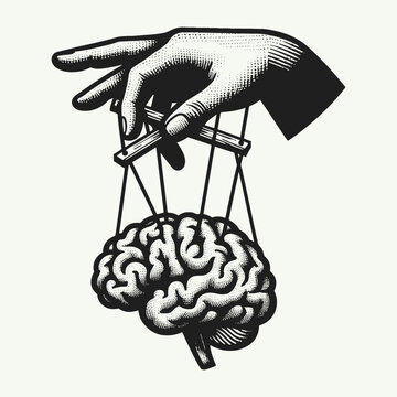 hand controlling a human brain puppet with strings illustration