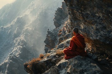 A  monk meditating on the cliff of a mountain, a monk from back sitting on the stone near , AI generated