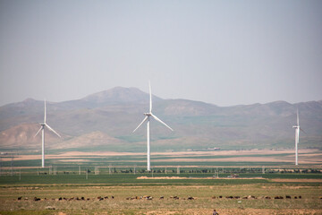 A wind farm in Qazvin province in Iran, which includes tall columns and generators that generate electricity with the wind (kahak windfarm)