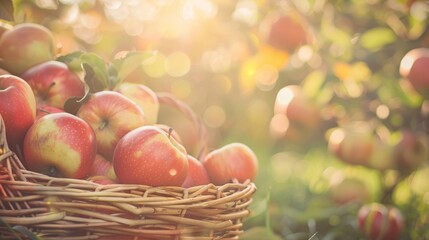Basket of freshly picked apples with sun rays filtering through an orchard, creating a warm and inviting autumn harvest scene.