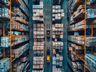 A modern logistics warehouse filled with organized inventory shelves, forklifts in motion, and workers managing supplies, showcasing efficient logistics operations