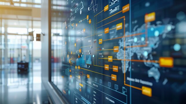 A logistics workflow diagram on a whiteboard in a meeting room, demonstrating logistics strategy and planning