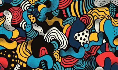 Naklejka premium Multicolored Geometric Abstract Pattern with Various Shapes and Colors in Black, Red, Blue, Yellow, and White