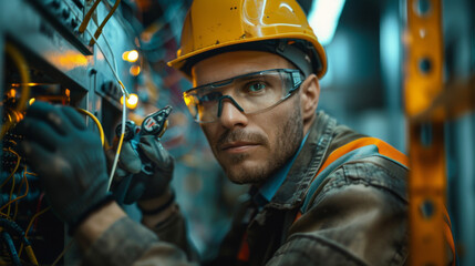 Focused electrician adjusting electrical wiring in an industrial environment, illuminated by sparks.