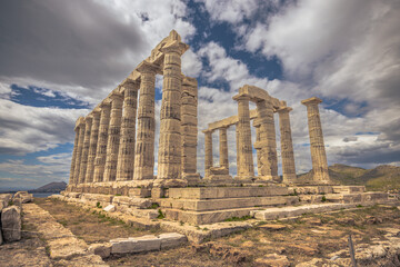 Sounion, Greece, May 4th 2024: The legendary Temple of Poseidon in Sounion cape, Greece