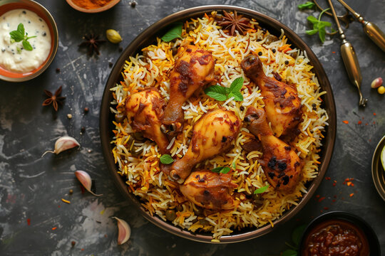 chicken biryani spicy Indian food, top view