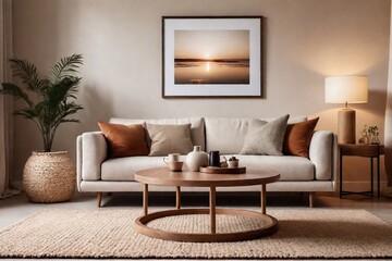 Aesthetic living room interior design with a sofa, wooden coffee table, carpet, decorative vase, and frames on a beige wall. 