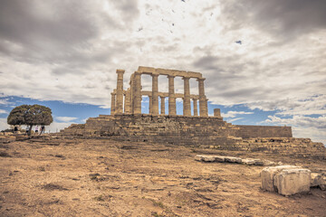 Sounion, Greece, May 4th 2024: The legendary Temple of Poseidon in Sounion cape, Greece