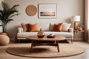 Aesthetic living room interior design with a sofa, wooden coffee table, carpet, decorative vase, and frames on a beige wall. 