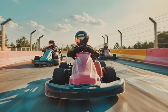 A picturesque scene of a family enjoying a day of go-karting together, with a cute kid, aged 6, riding in a pastel-colored kart between their parents' karts. Captured from a medium distance, the image