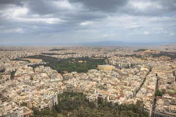Fototapeta na wymiar Athens, Greece, May 5th 2024: Panoramic view of the city of Athens from Lycabettuds hill, Greece
