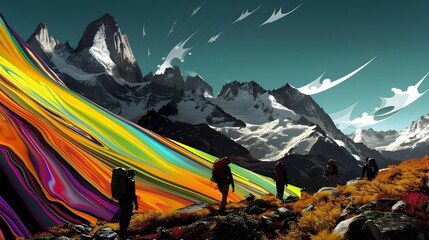 Intrepid Adventurers Trekking Through Majestic Mountain Landscape