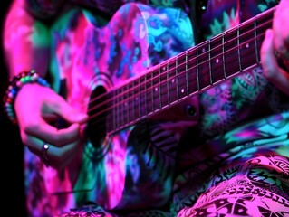Obraz premium Passionate Guitarist Strums Chords on Dimly Lit Stage Vibrant Colorful Lighting and Soft Focus on Strings
