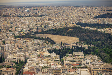 Fototapeta premium Athens, Greece, May 5th 2024: Panoramic view of the city of Athens from Lycabettuds hill, Greece