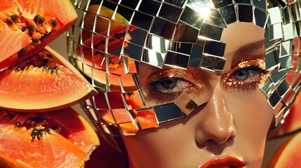 Contemporary art collage closeup image disco ball with papaya fruit filling inside trendy photography 