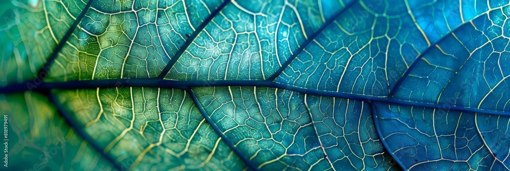 Poster leaf of a tree close-up. blue toned background or wallpaper. mosaic pattern from a net of veins and 