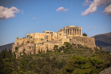 Panoramic view of the Acropolis of Athens from the Philopappos hill in Greece