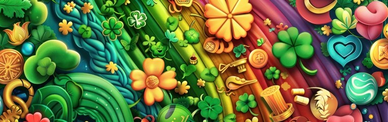 Green themed St Patrick's Day wallpaper with clovers, leprechauns, pots of gold, and rainbows icons and backgrounds