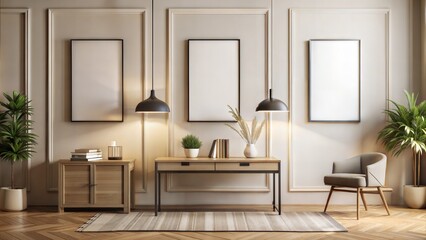 Study wall black border poster mockup with soft Beige and white modern interiors. Avoid lamps in front of frames. 
