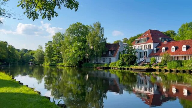 Half-timbered houses in historical center ancient city of Lubeck, Germany August 12, 2023. High quality 4k footage