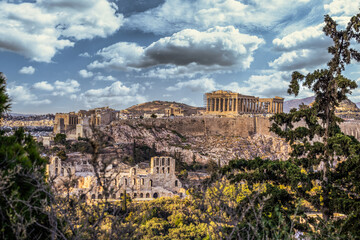 Fototapeta premium Panoramic view of the Acropolis of Athens from the Philopappos hill in Greece