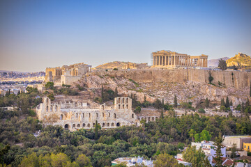 Naklejka premium Panoramic view of the Acropolis of Athens from the Philopappos hill in Greece
